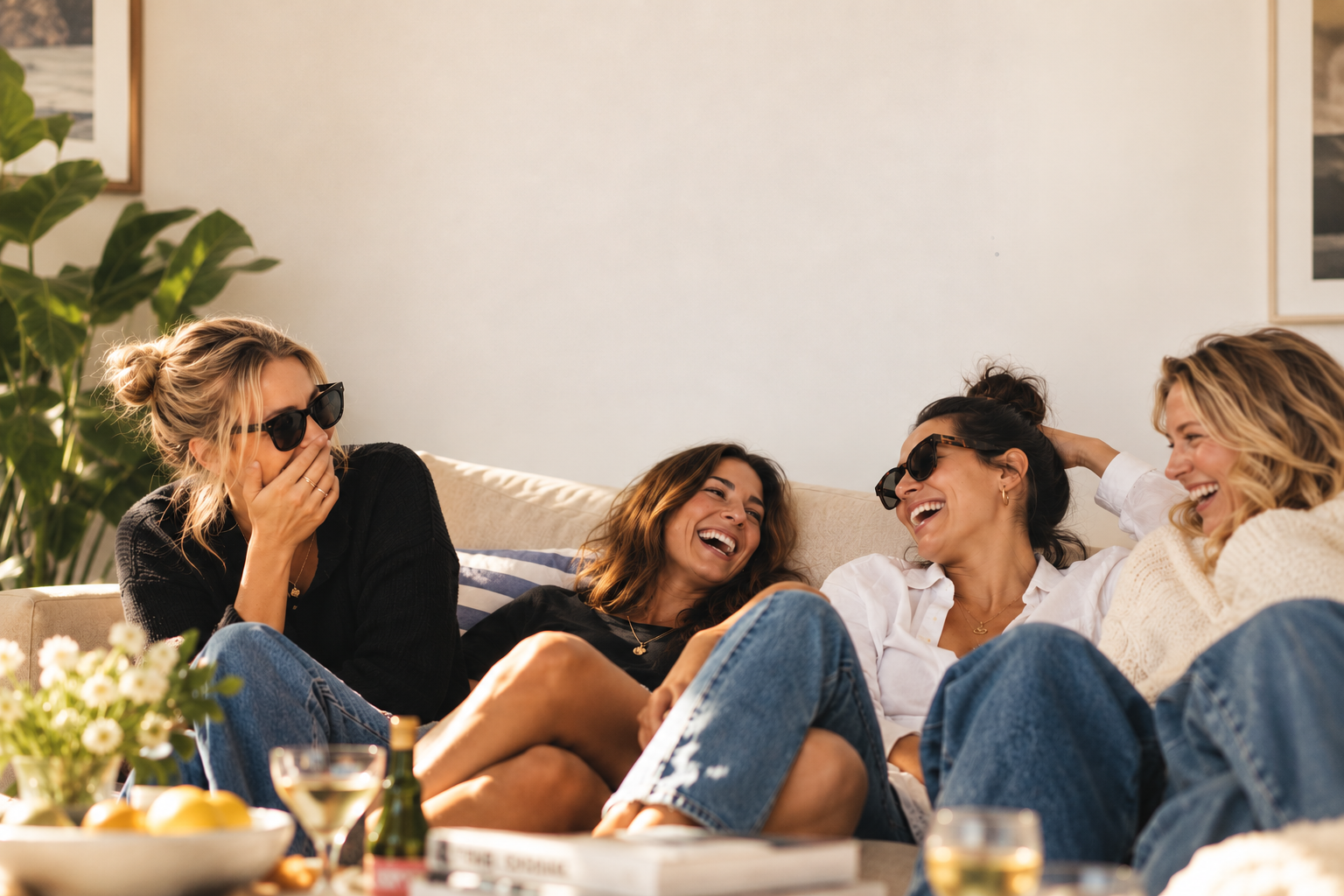 Four friends laughing together on a sofa